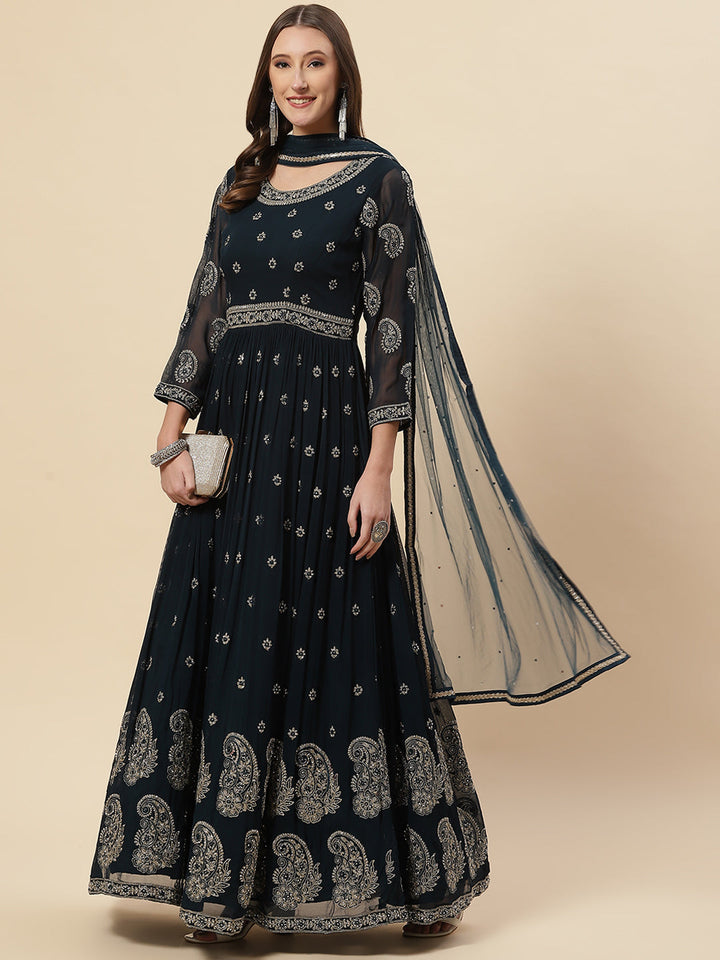 Resham Zari Embroidered Georgette Anarkali Kurta With Churidar &amp; Dupatta