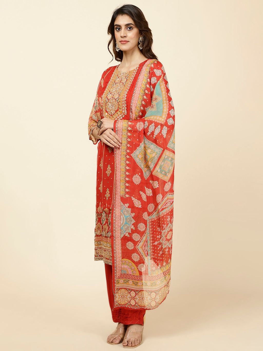 Floral Printed Georgette Kurta With Pants & Dupatta