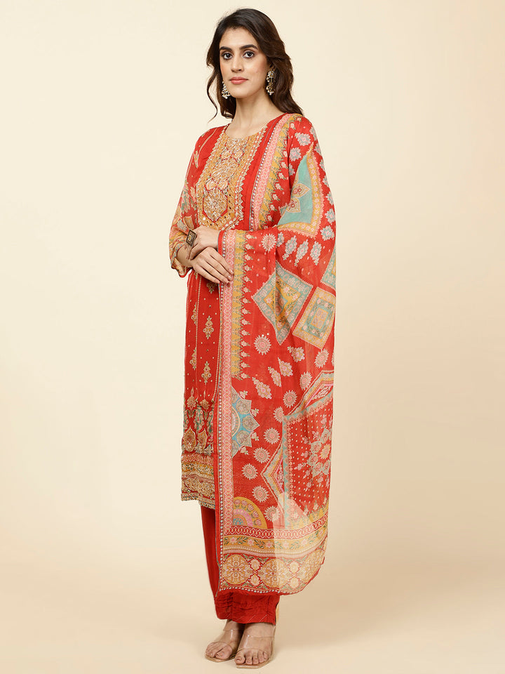 Floral Printed Georgette Kurta With Pants &amp; Dupatta