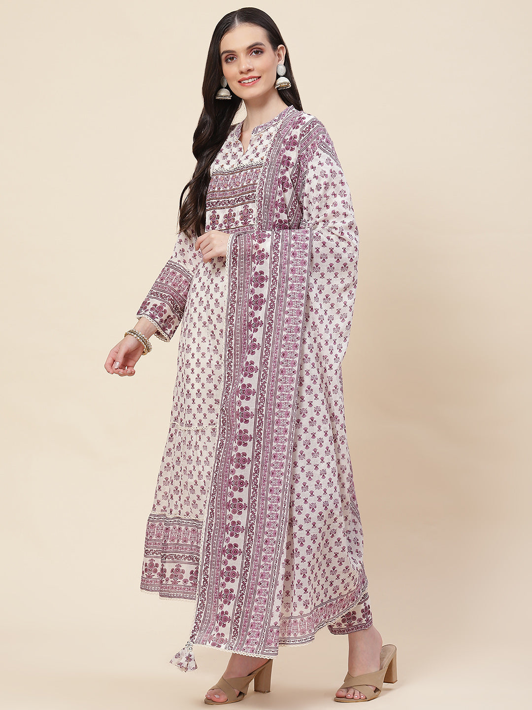 Floral Printed Cotton Kurta With Pants &amp; Dupatta