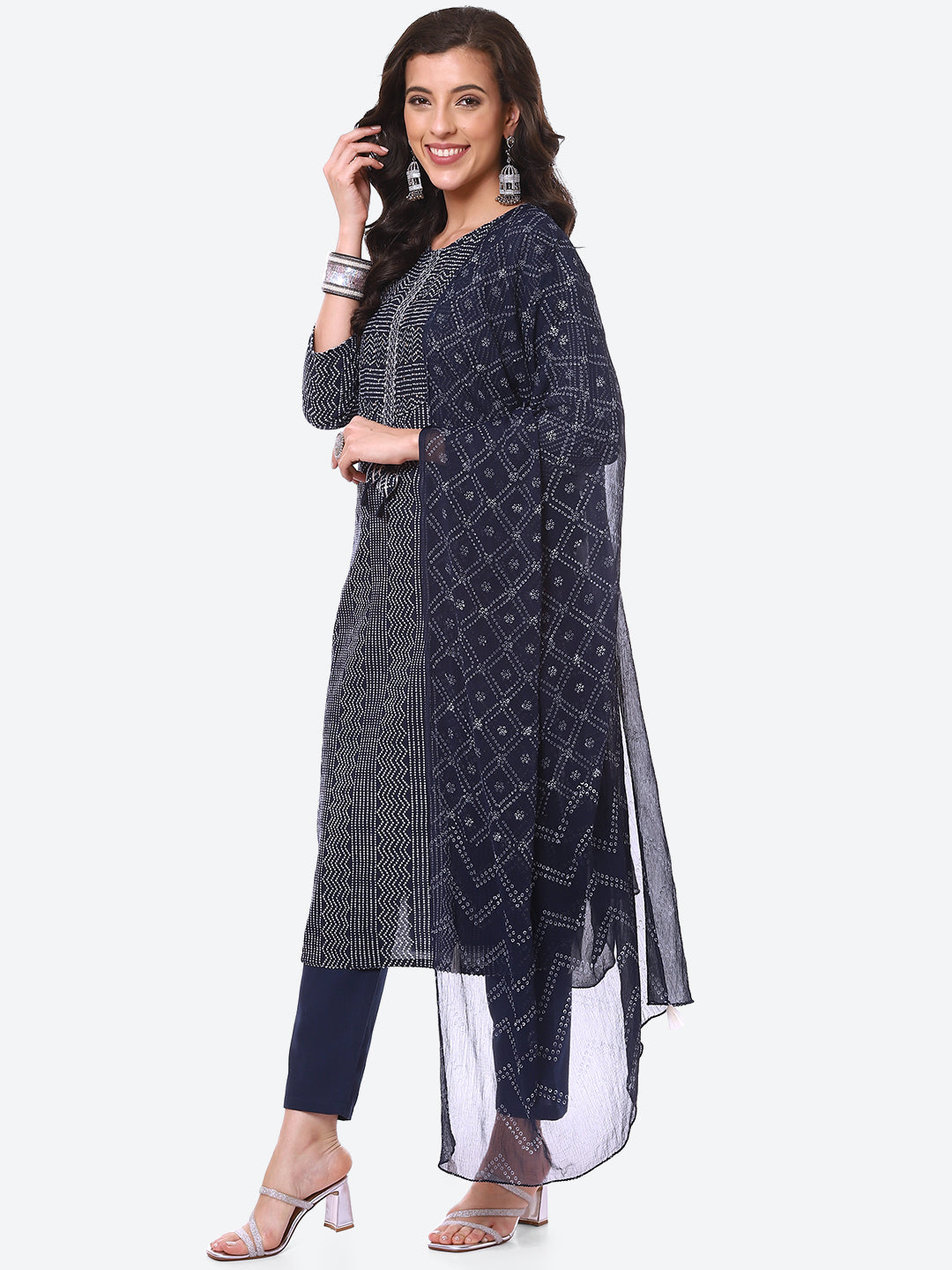 Bandhani Printed Cotton Kurta With Pant &amp; Dupatta
