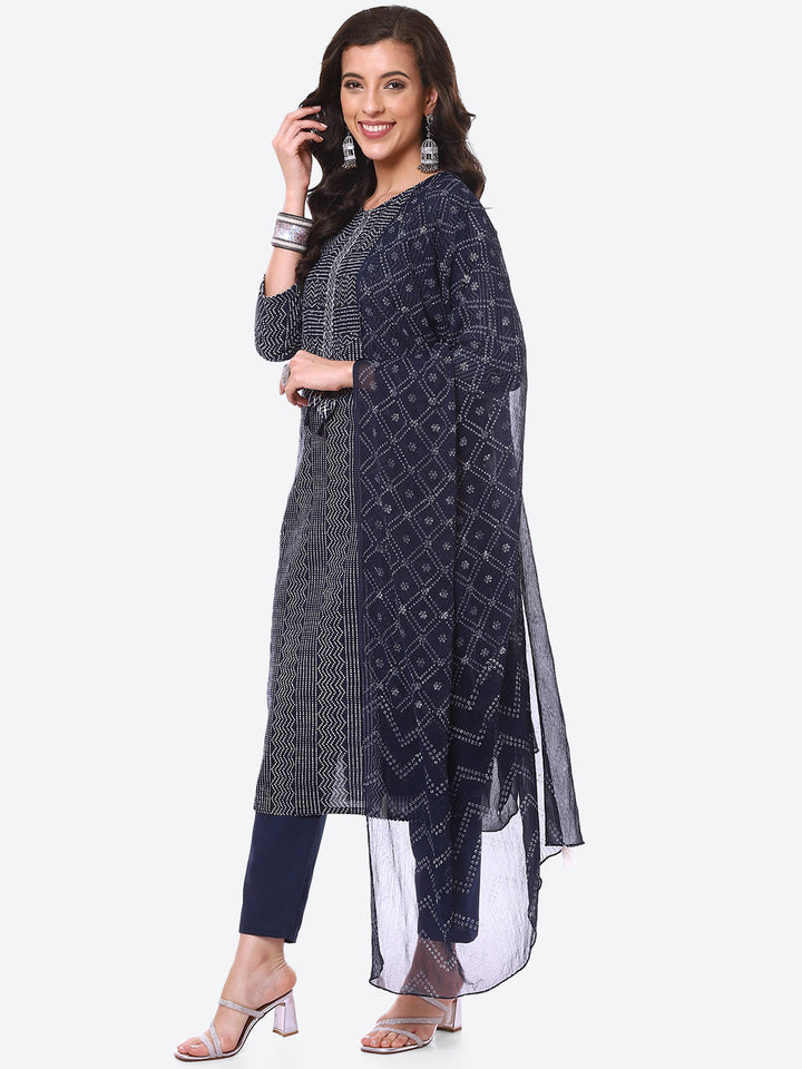 Bandhani Printed Cotton Kurta With Pant &amp; Dupatta