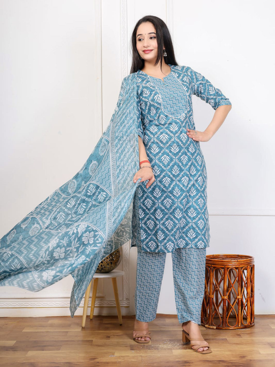 Blue Embroidered Cotton Blend Straight Suit Set With Dupatta