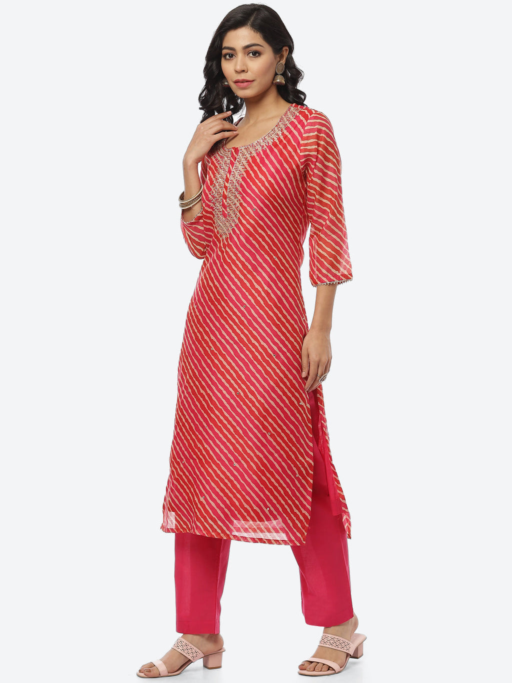 Printed Neck Embroidered Chanderi Kurti With Pant