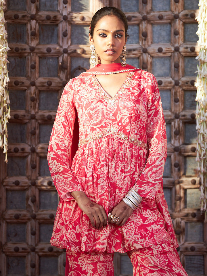 Pink Embroidered Chinon Kurta with Palazzo