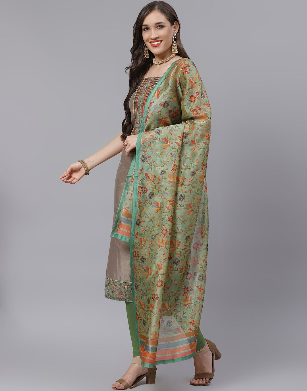 Chanderi Printed Suit Piece with floral dupatta