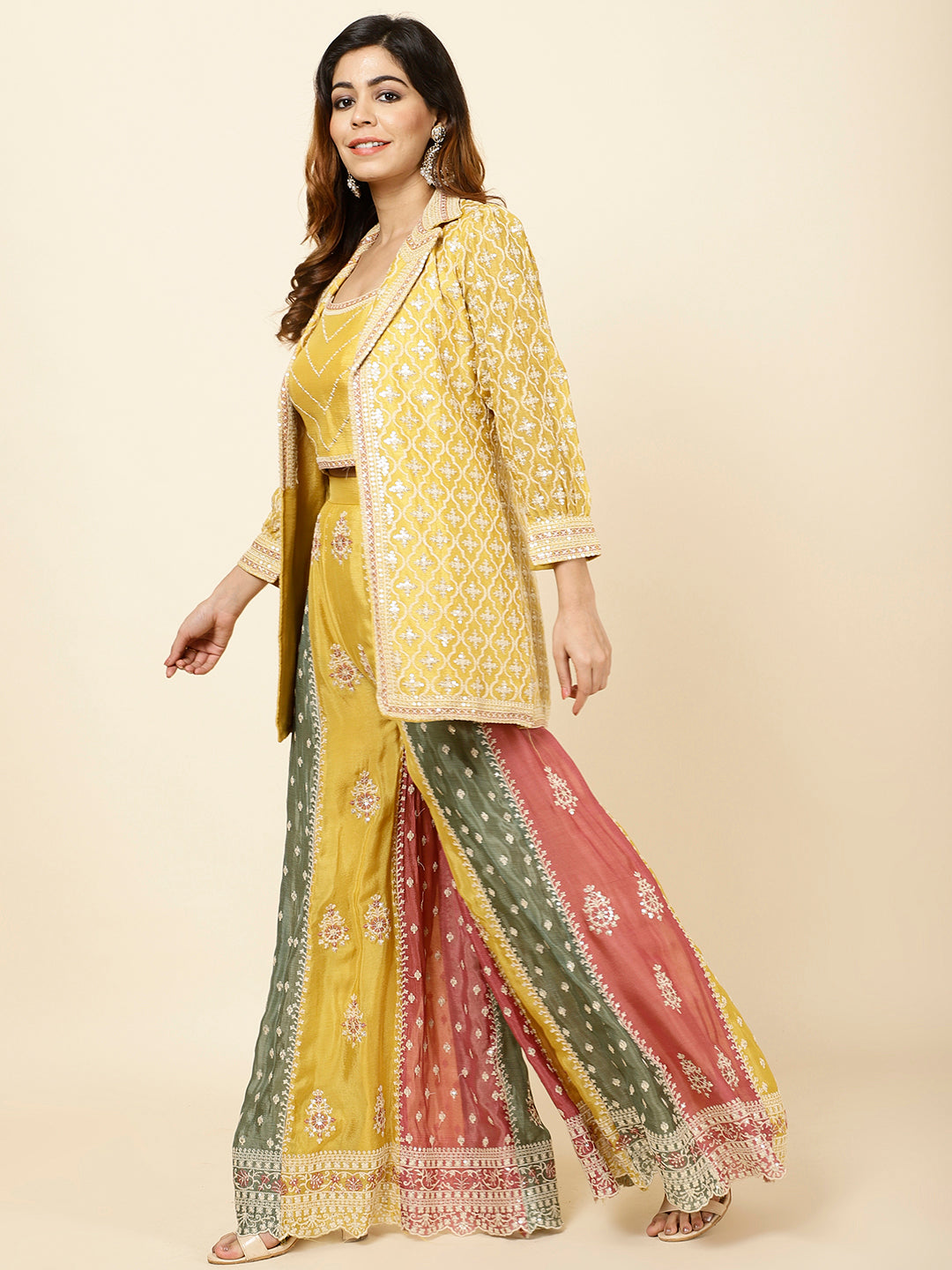 Embroidered Crepe Crop Top With Jacket &amp; Sharara