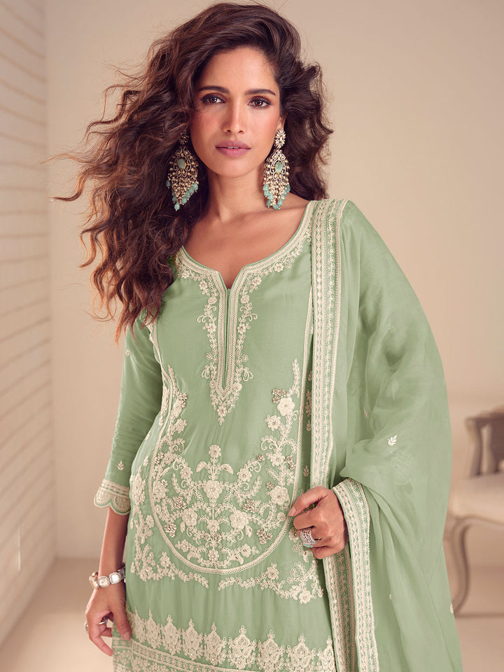 Embroidered Chinon Kurta With Plazzo &amp; Dupatta