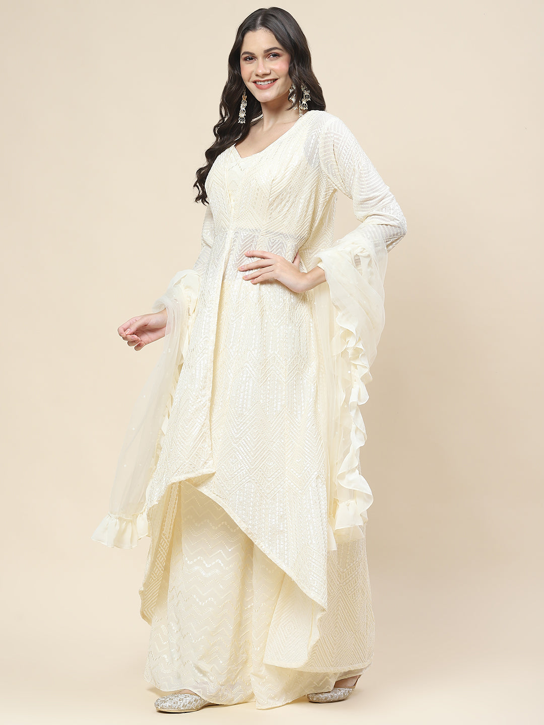 Sequin Embroidered Georgette Top Jacket With Palazzo &amp; Dupatta