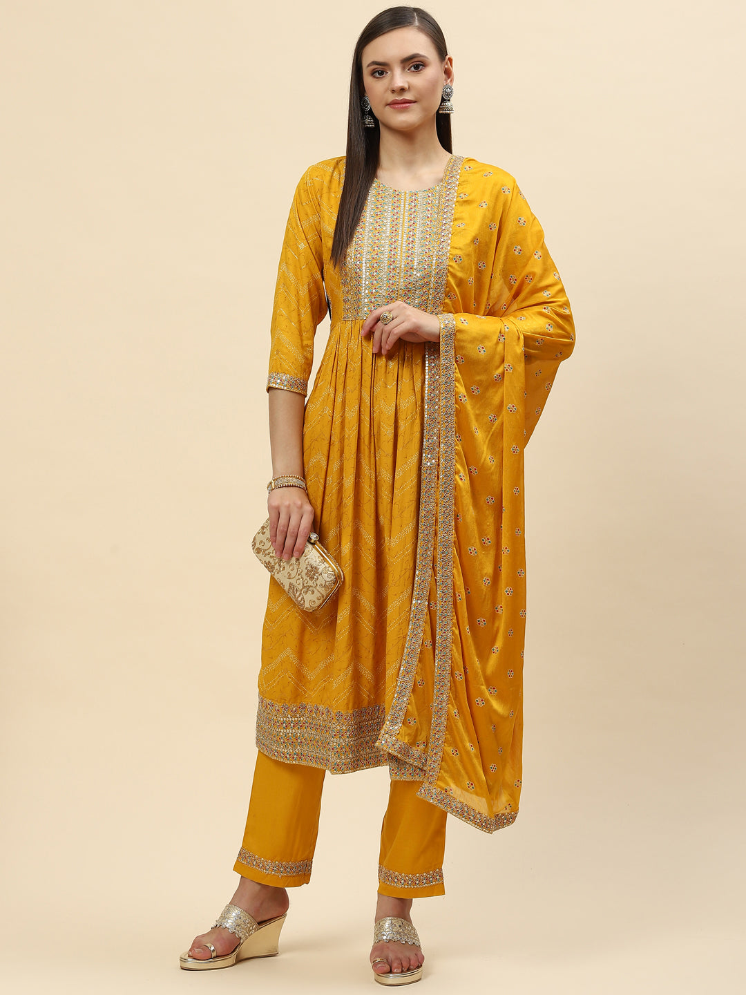 Digital Printed Cotton Kurta With Pants &amp; Dupatta