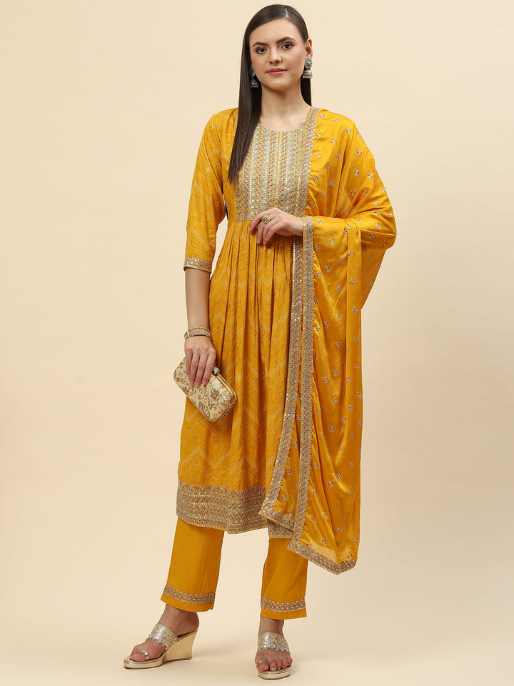 Digital Printed Cotton Kurta With Pants &amp; Dupatta