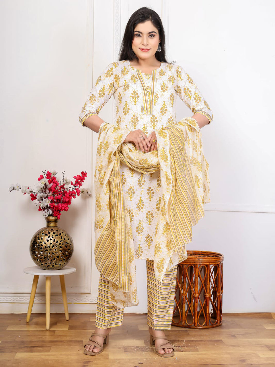 Yellow Embroidered Cotton Blend Straight Suit Set With Dupatta