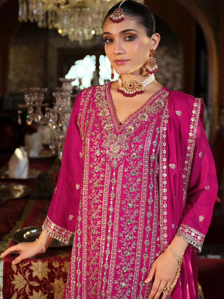 Embroidered Chinon Kurta With Plazzo &amp; Dupatta