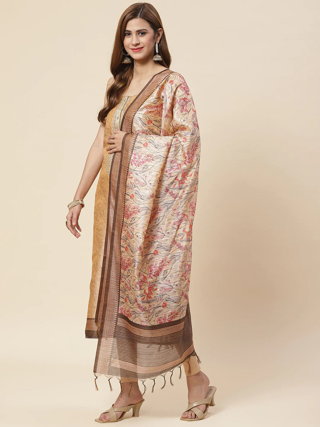 Neck Embroidered &amp; Printed Chanderi Unstitched Suit Piece With Dupatta