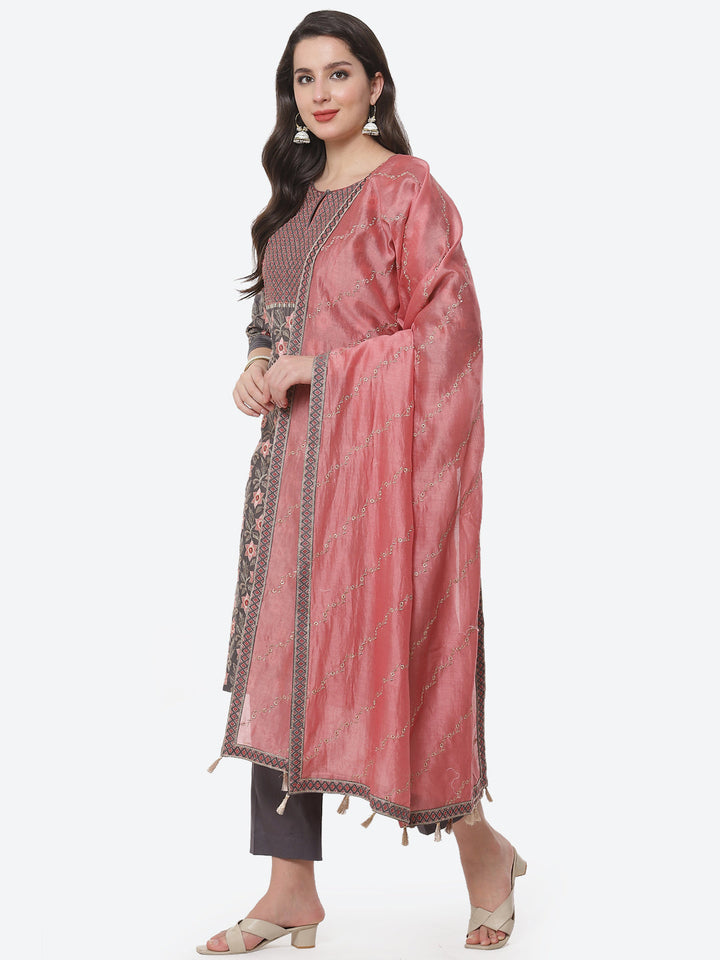 Printed Cotton Chanderi Kurti With Embroidered Chanderi Dupatta