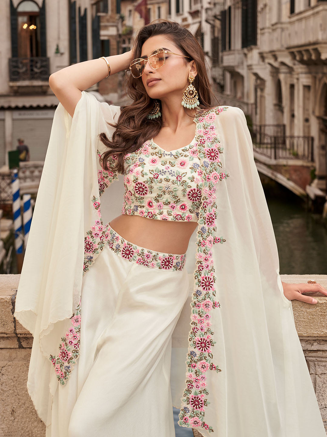 Embroidered Chinon Choli With Plazzo &amp; Jacket