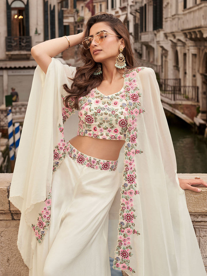 Embroidered Chinon Choli With Plazzo &amp; Jacket