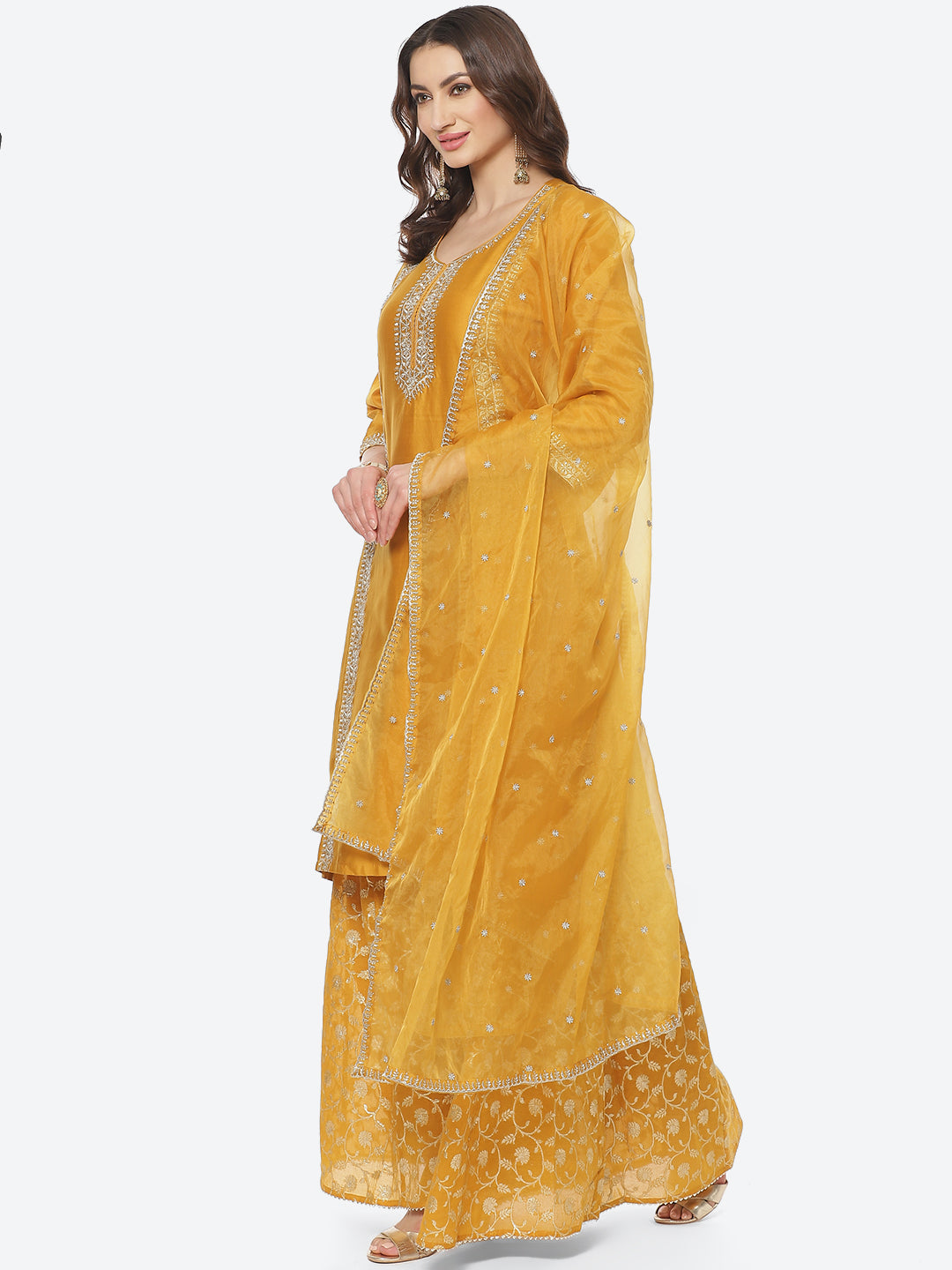Embroidered Zari Cotton Stitched Salwar Kameez With Organza Dupatta