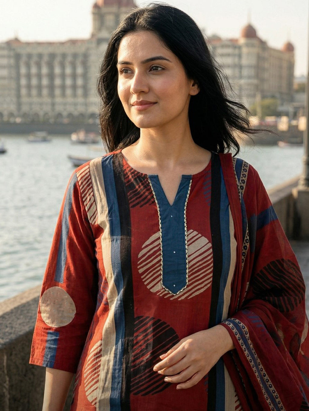 Red Embroidered Cotton Blend Straight Suit Set With Dupatta