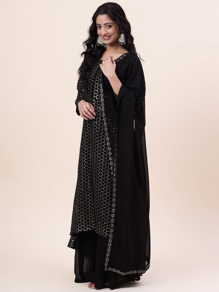 Sequin Embroidered Georgette Kurta With Palazzo &amp; Dupatta