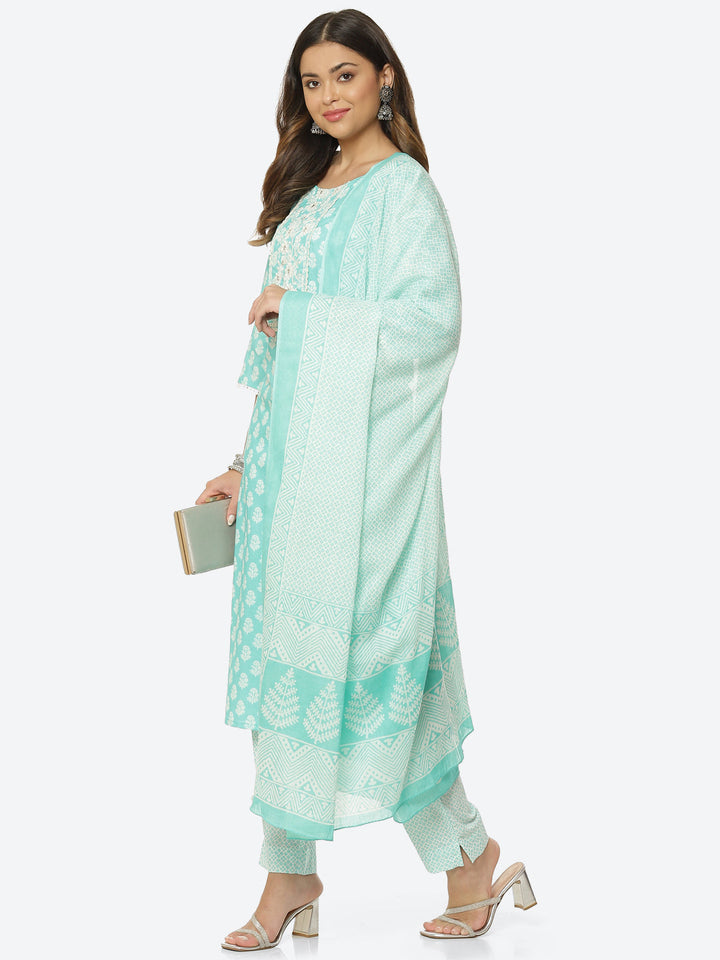 Floral Printed Cotton Kurta With Pant &amp; Dupatta