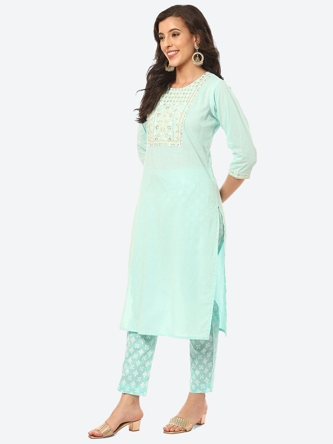 Zari Embroidered Yoke Printed Cotton Kurta With Pant