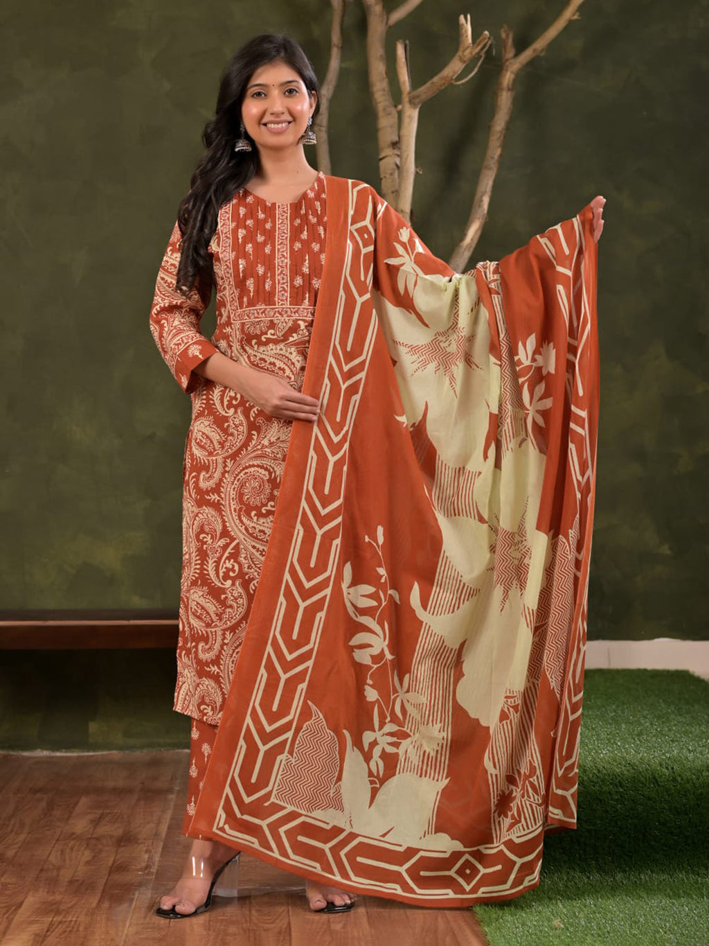 Red Embroidered Cotton Blend Straight Suit Set With Dupatta