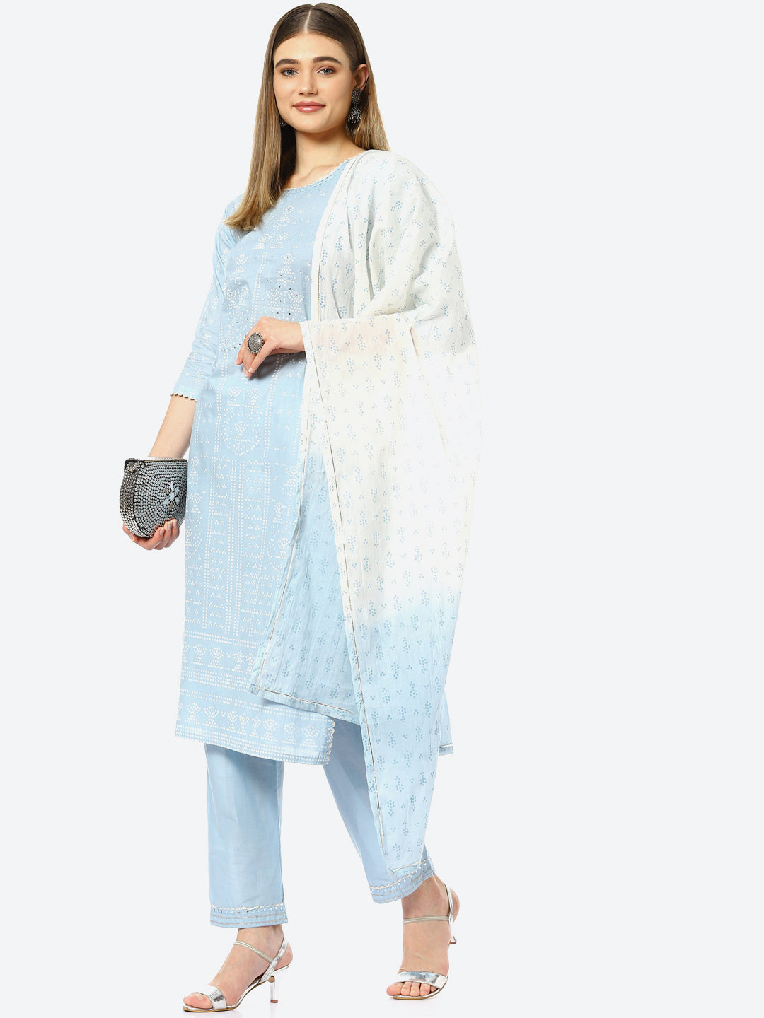 Bandhani Mirror Work Cotton Kurta With Pant &amp; Cotton Dupatta