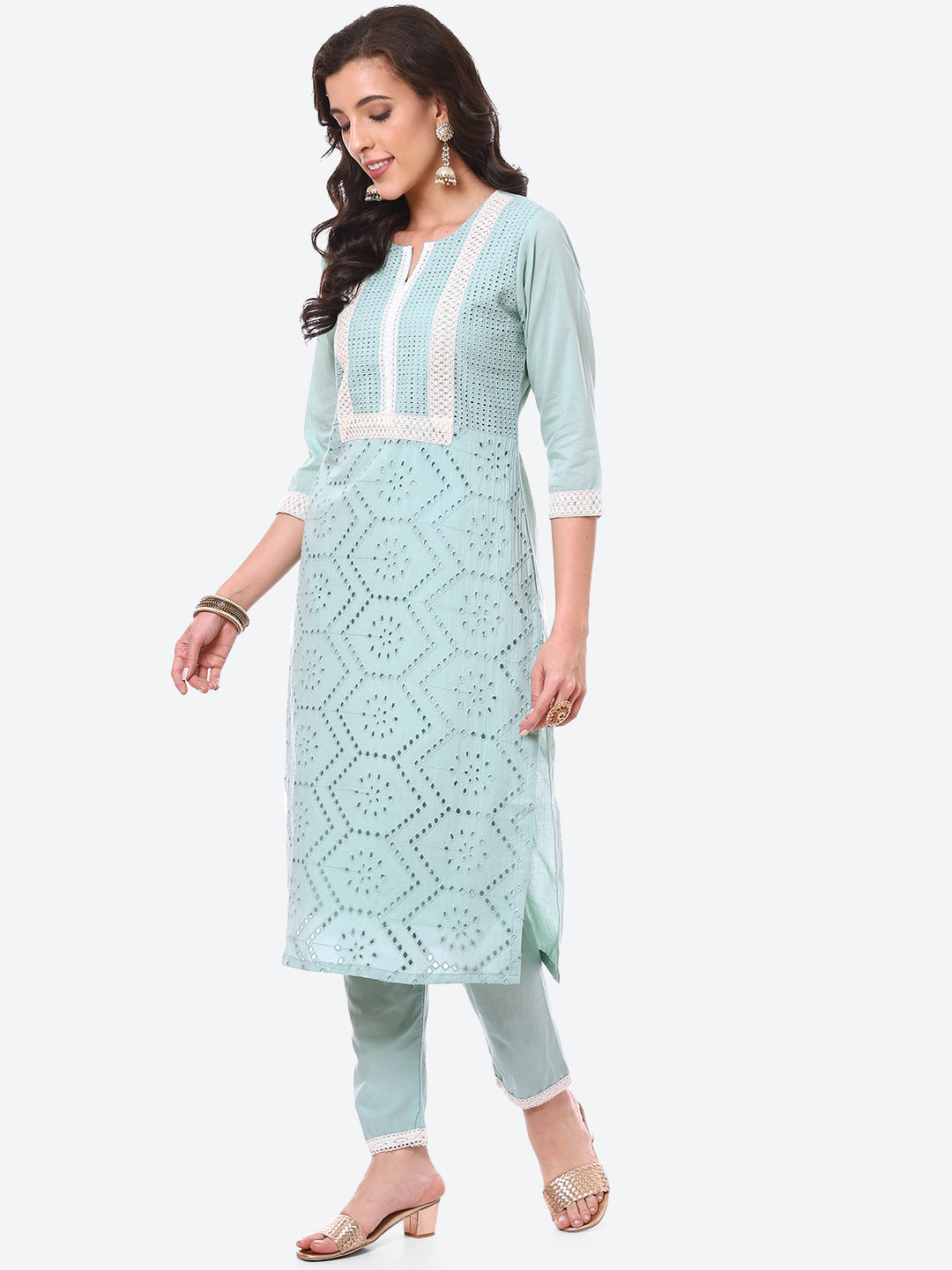 Cut Work Cotton Kurta With Pant