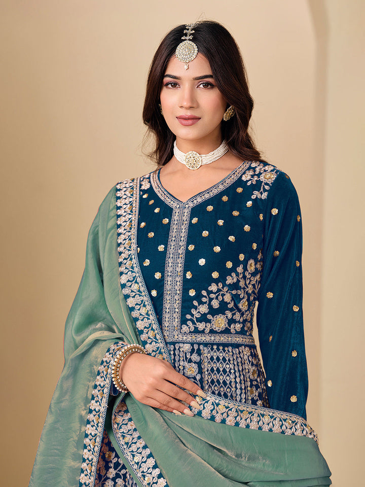 Embroidered Velvet Semi Stitched Kurta With Pant &amp; Dupatta