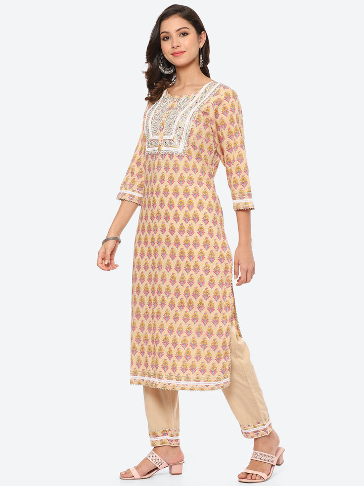 Zari Neck Embroidered Cotton Kurta With Palazzo