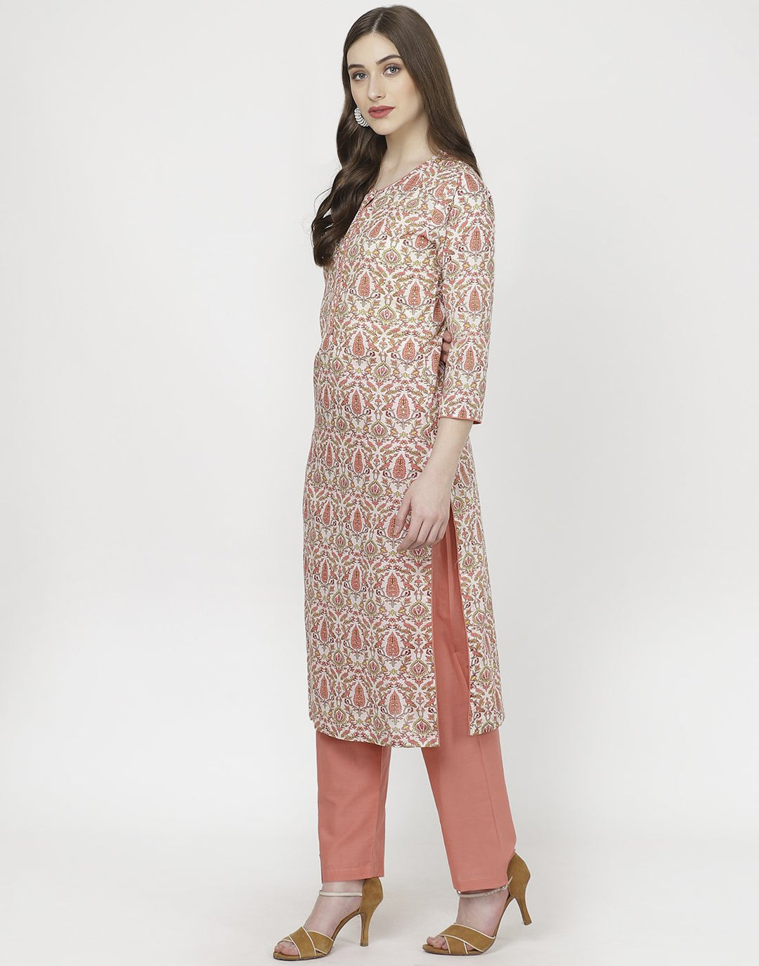 Cream Peach Cotton Kurti with Palazzo
