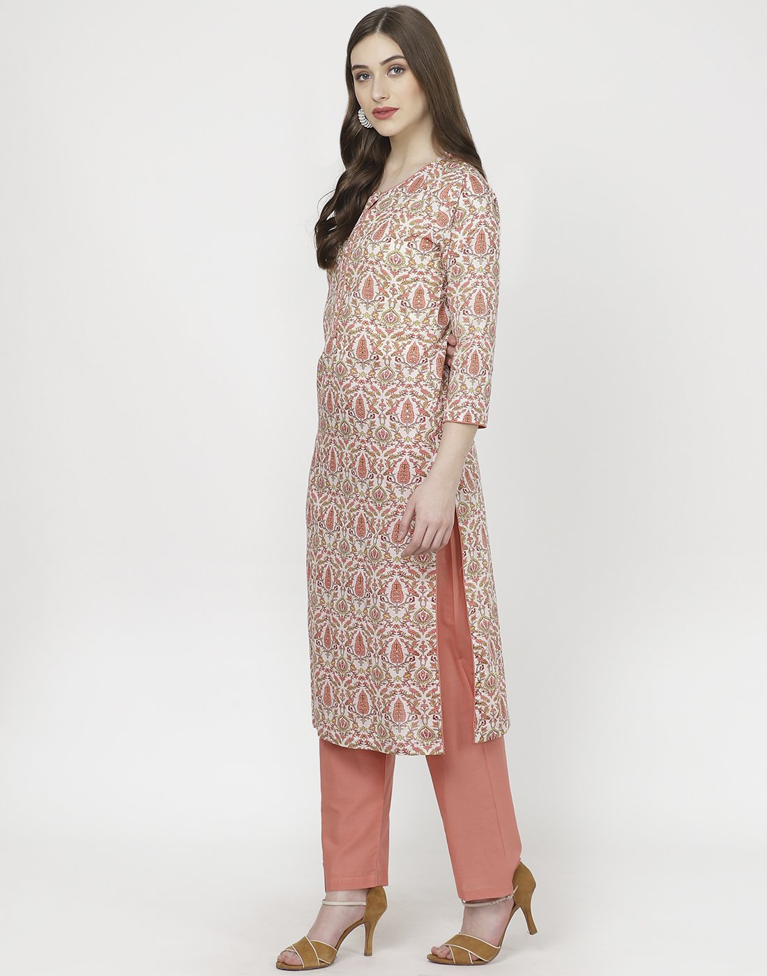 Cream Peach Cotton Kurti with Palazzo