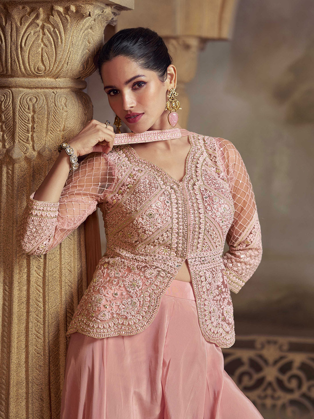 Embroidered Art Silk Kurti With Gharara &amp; Dupatta