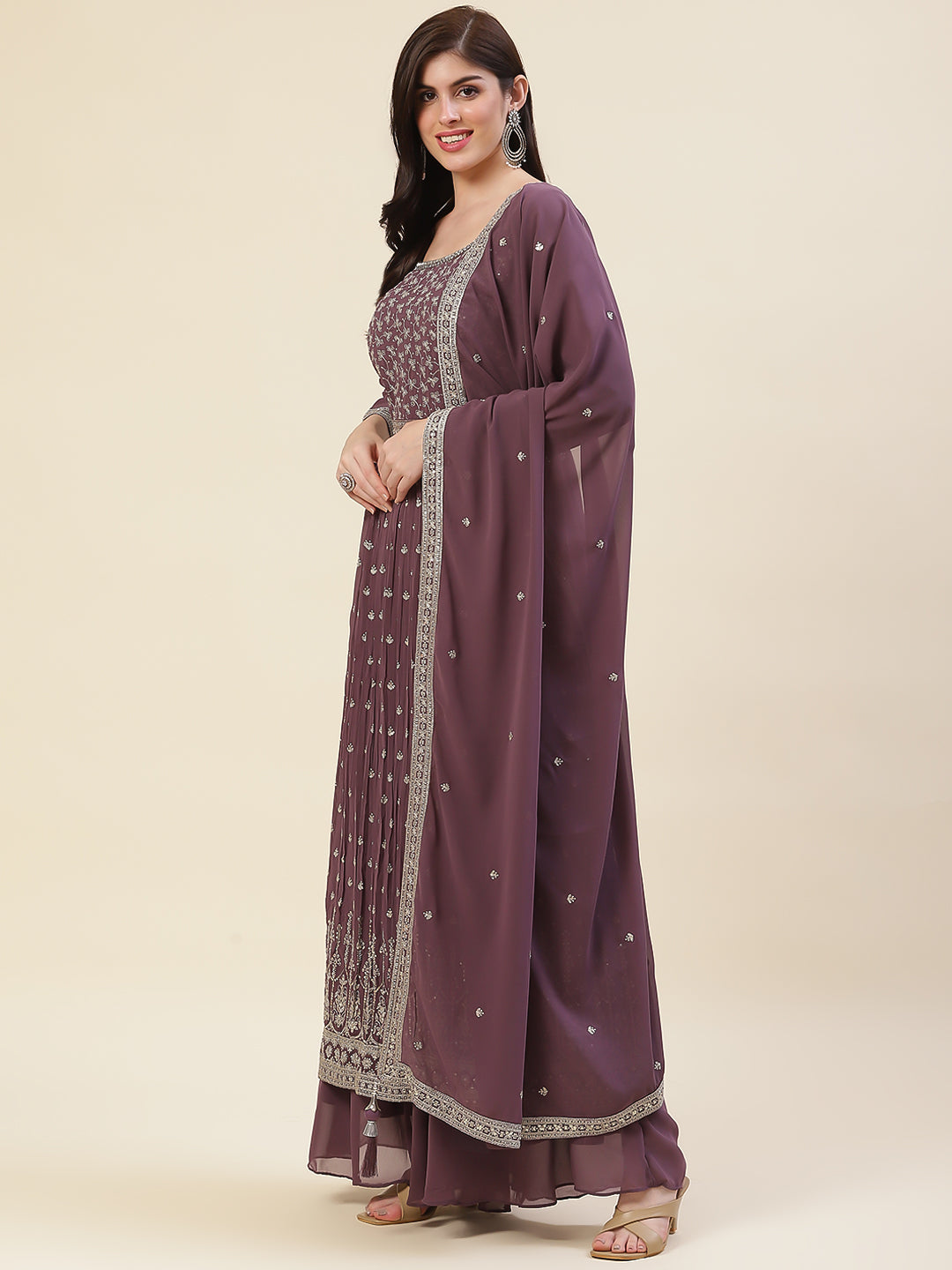 Zari Embroidered Booti Georgette Kurta With Palazzo &amp; Dupatta