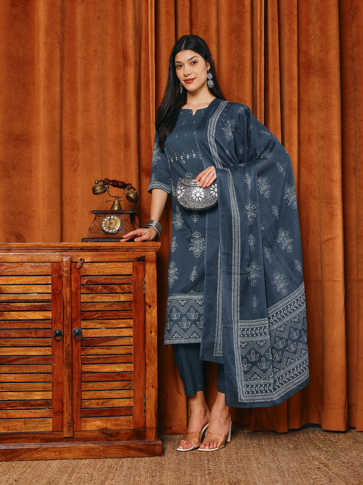 Printed Cotton Blend Kurta With Pants &amp; Dupatta