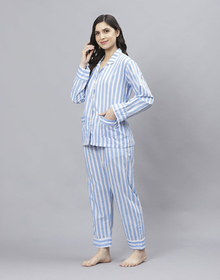 White Blue Cotton Strip Comfort Wear