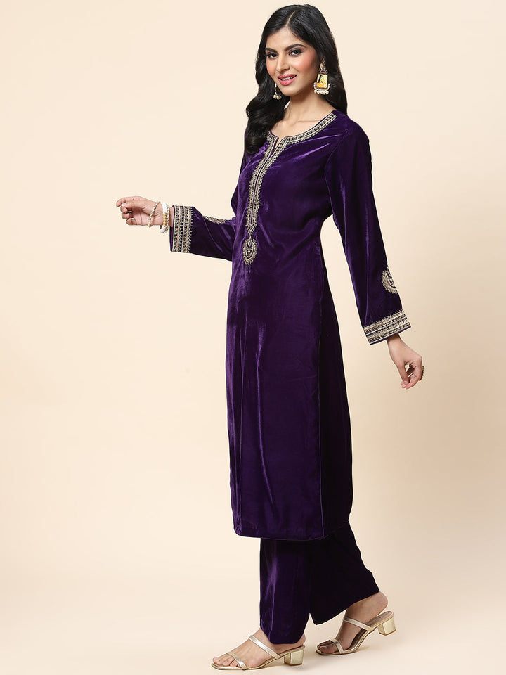 Zari Embroidered Velvet Kurta With Palazzo