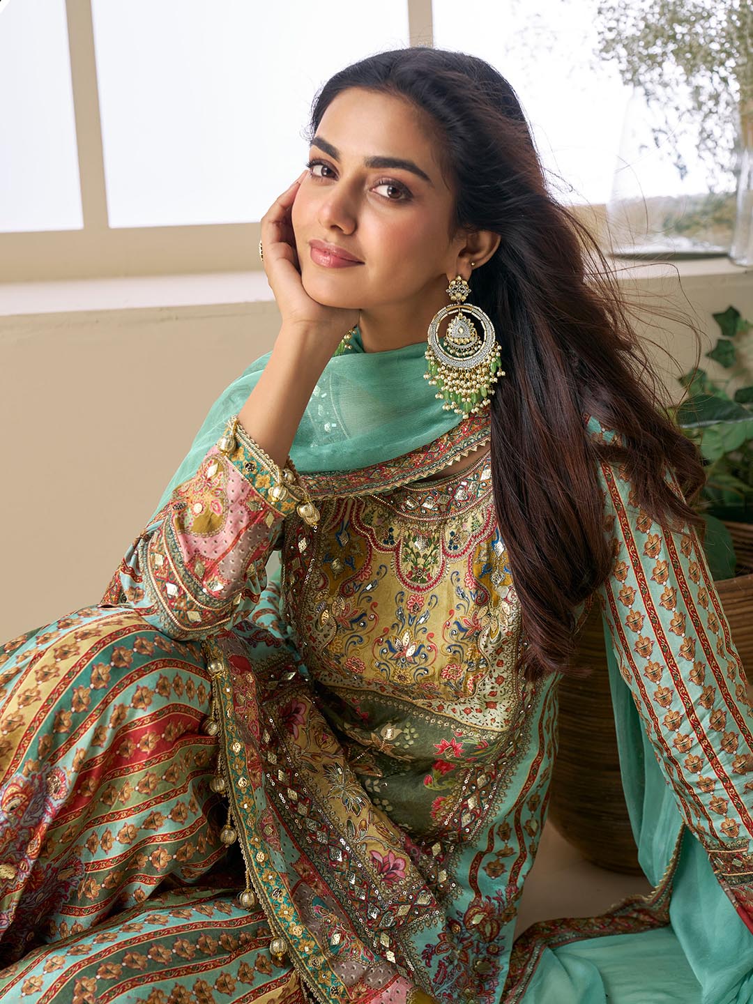 Sequins Embroidery Crepe Suit With Sharara &amp; Dupatta
