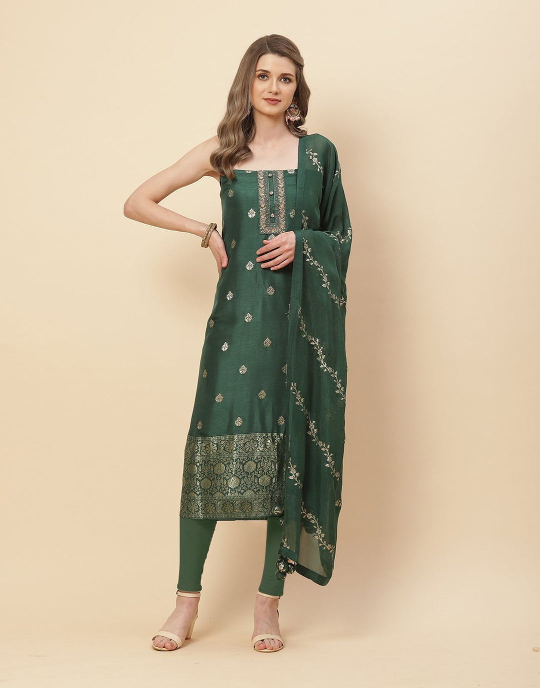 Embroidered Art Handloom Dupion Suit Piece with Chanderi Banarasi Dupatta