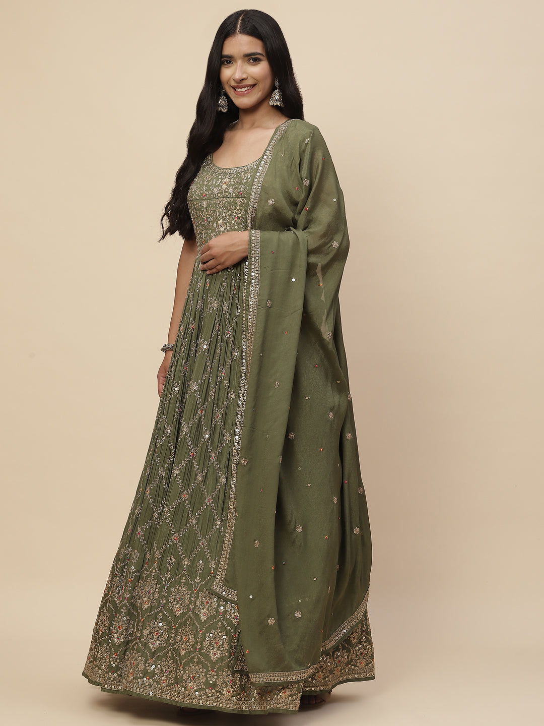 Zari Jaal Crepe Anarkali Kurta With Dupatta