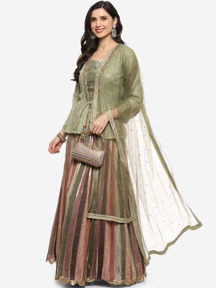 Resham Embroidered Georgette Choli Jacket With Lehenga &amp; Dupatta