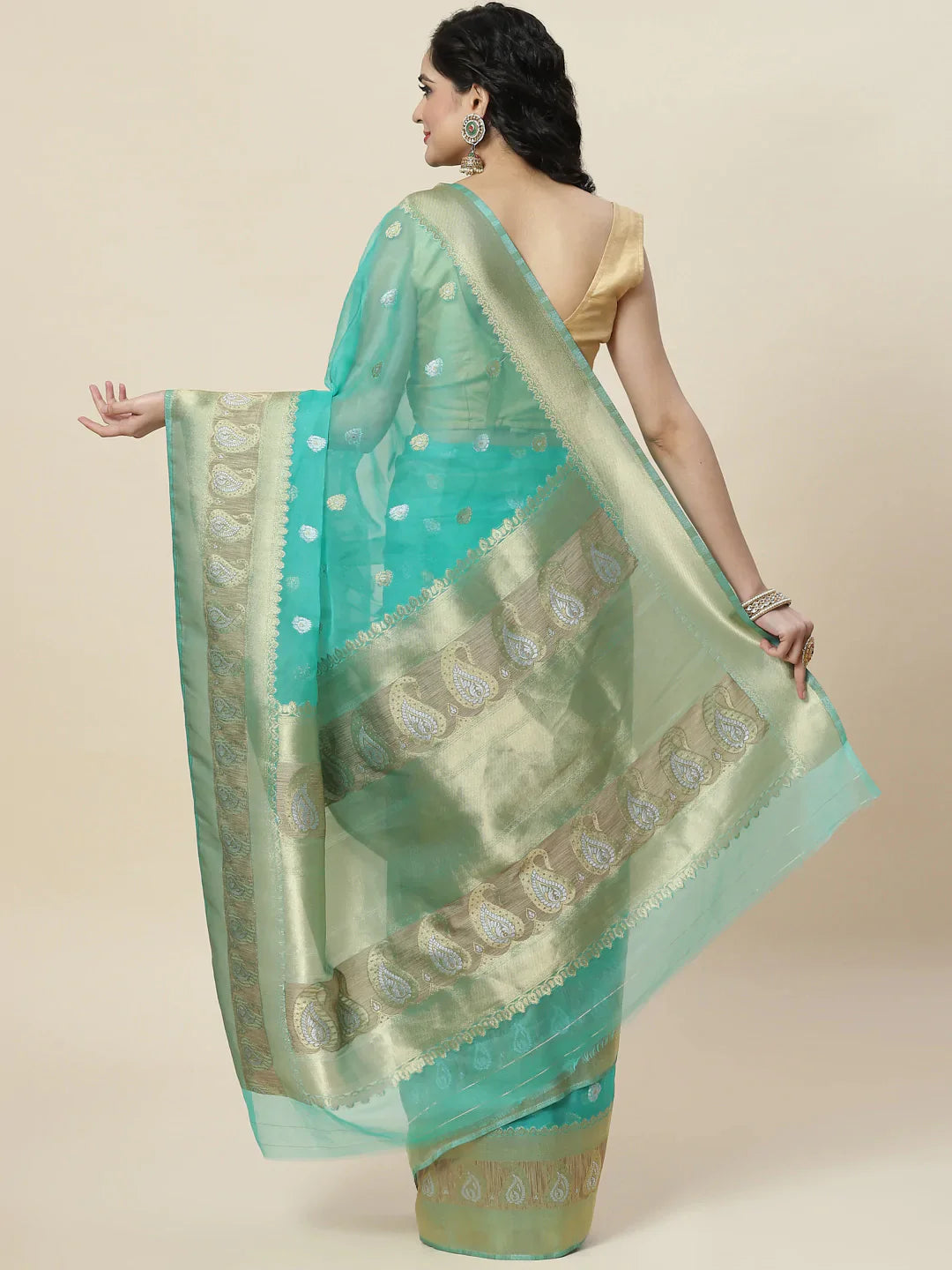 Zari Border Booti Organza Woven Saree