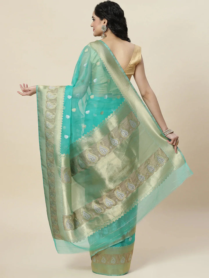 Zari Border Booti Organza Woven Saree