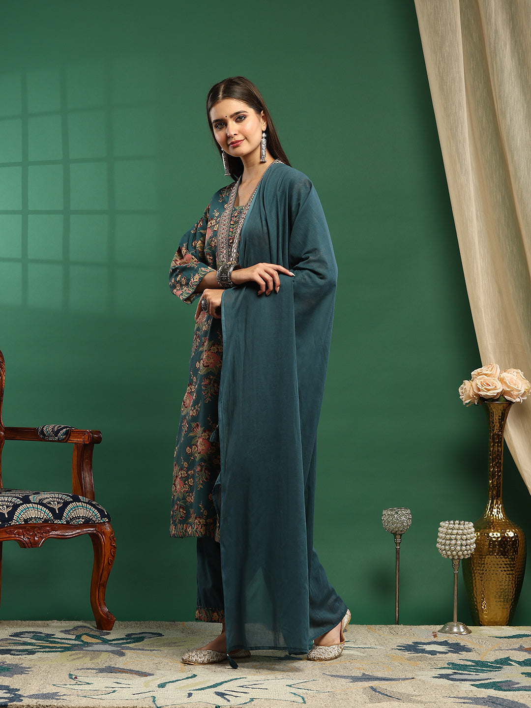 Printed Cotton Blend Kurta With Pant &amp; Dupatta