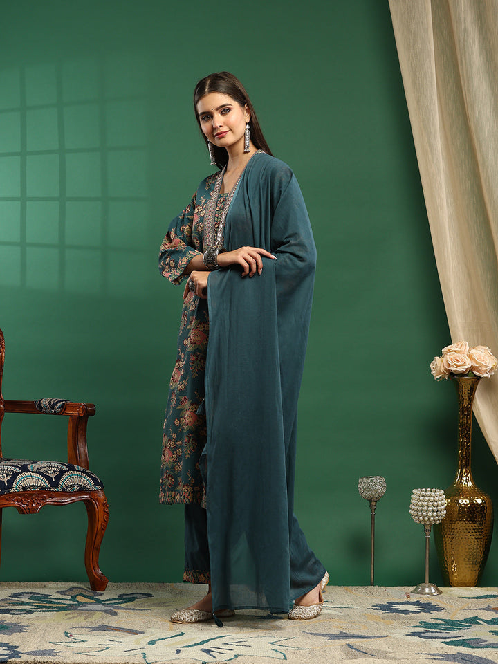 Printed Cotton Blend Kurta With Pant &amp; Dupatta