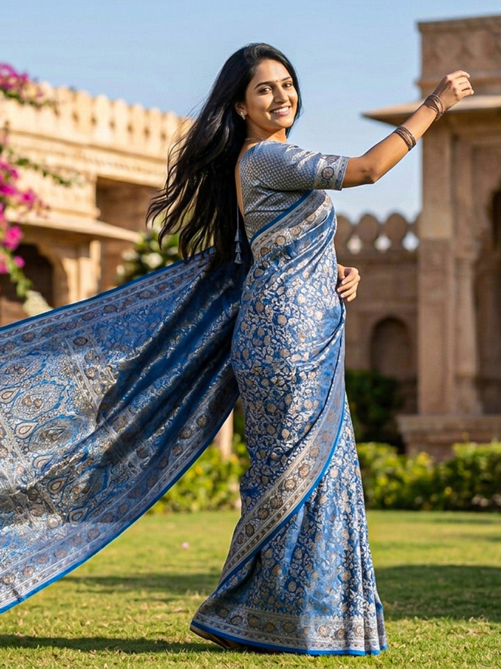 Peacock Blue Woven Design Satan Resham Banarasi Saree