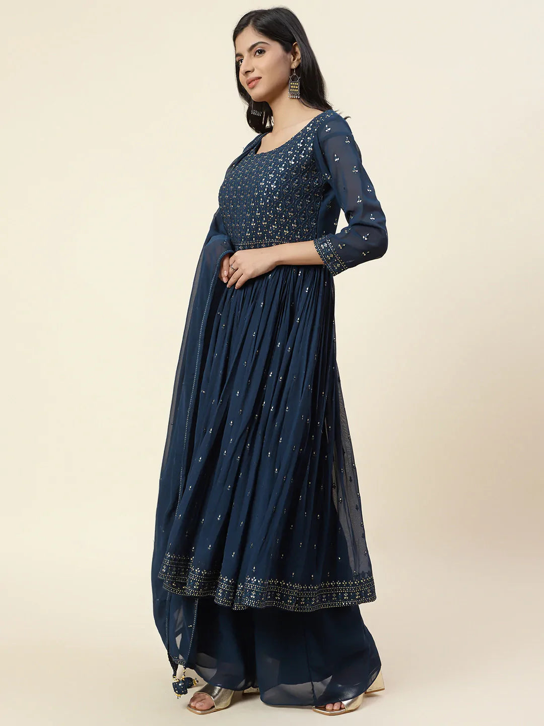 Resham Sequin Embroidered Georgette Kurta With Palazzo &amp; Dupatta