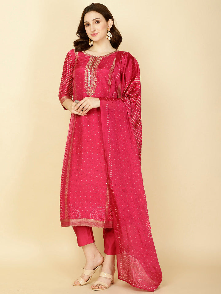 Abstract Printed Handloom Kurta With Pants &amp; Dupatta