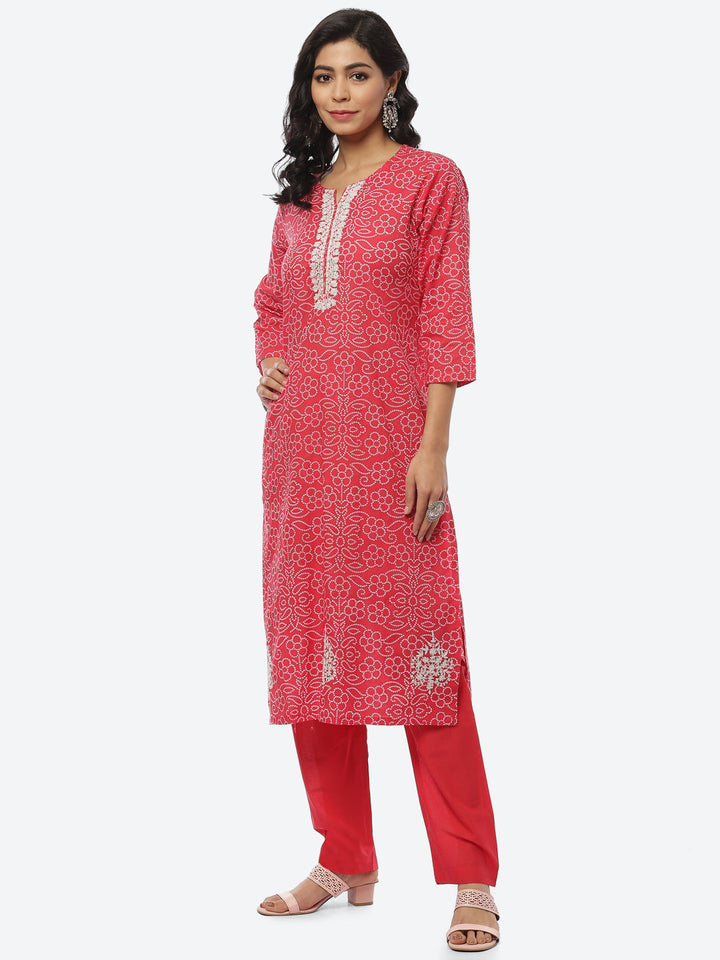 Printed Zari Neck Cotton Kurti With Pant